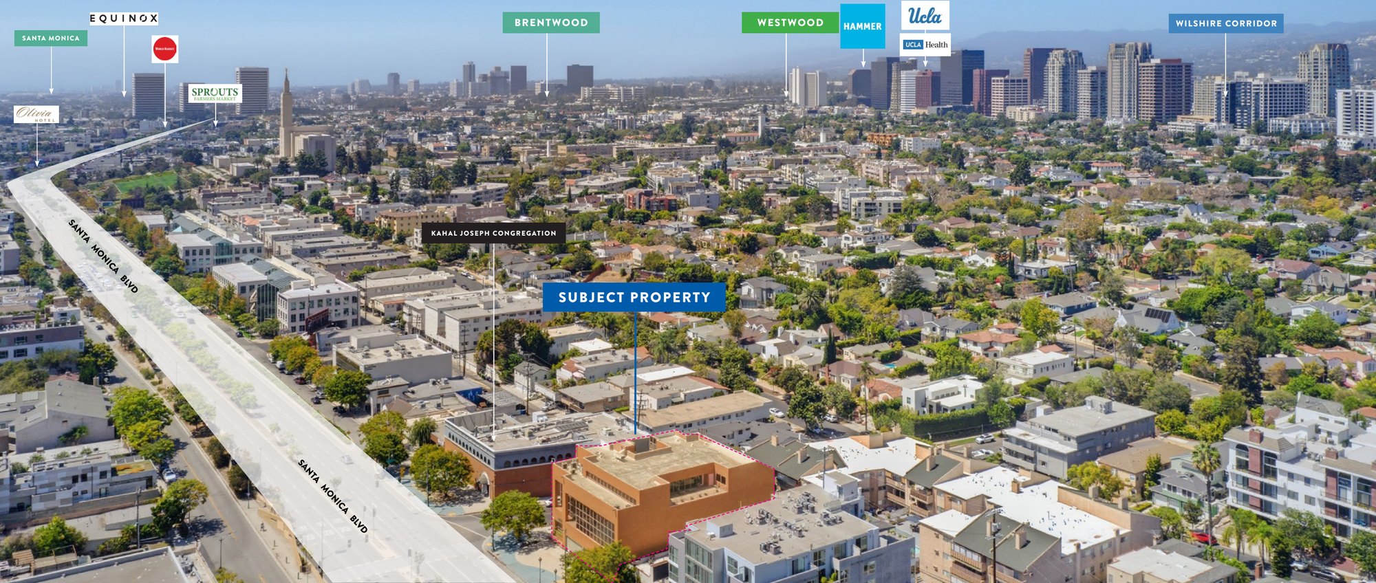Labeled aerial showing the subject property with Westwood, UCLA, Brentwood, the Wilshire Corridor and Santa Monica identified
