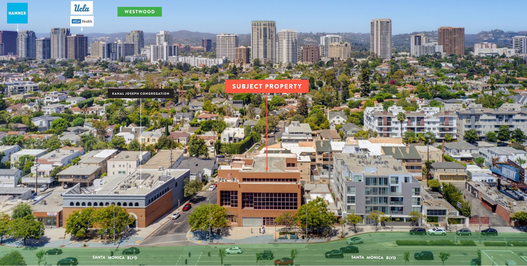 Labeled aerial of the subject property at Santa Monica Boulevard with Westwood, UCLA and the Hammer Museum identified