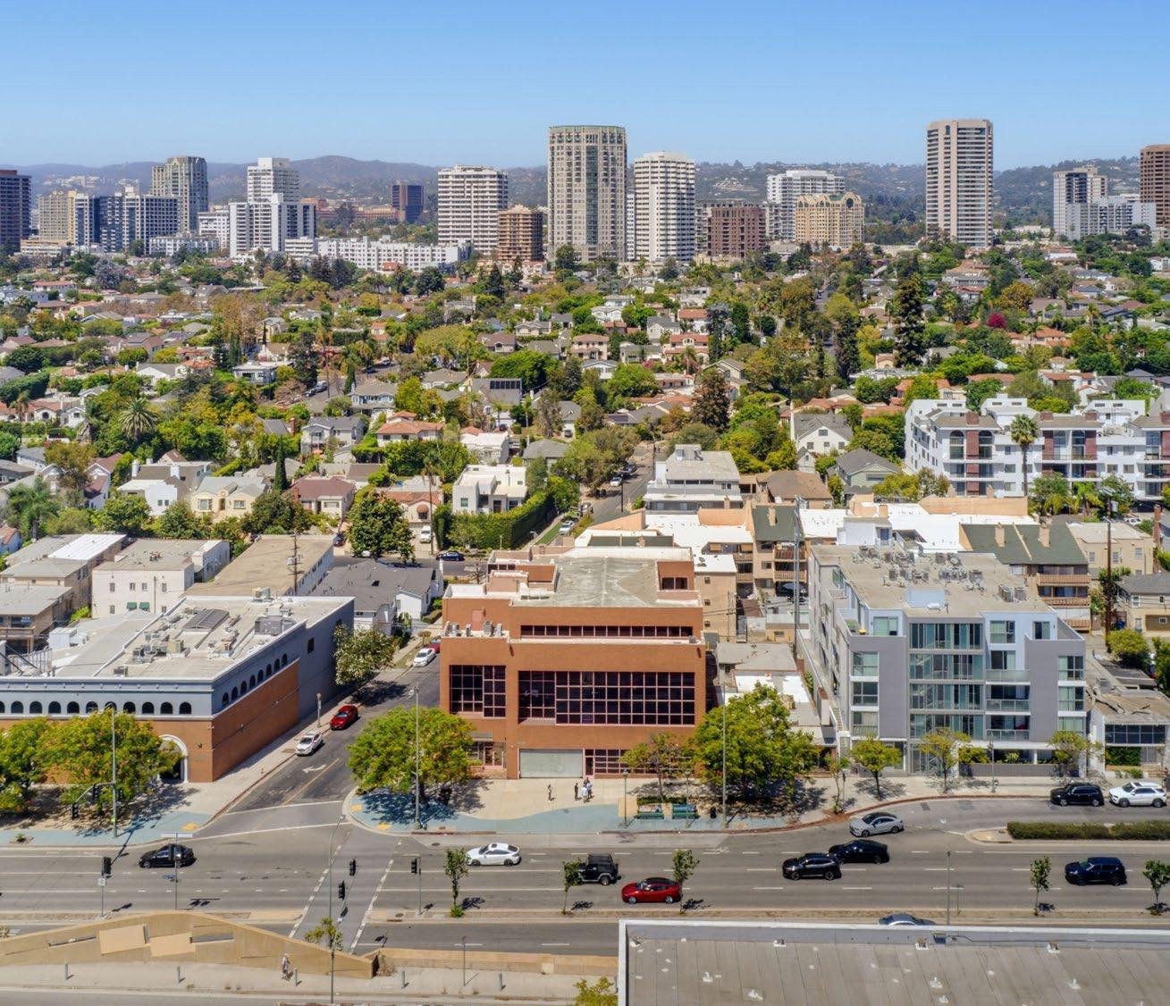 Aerial over the Santa Monica Boulevard corridor toward Westwood