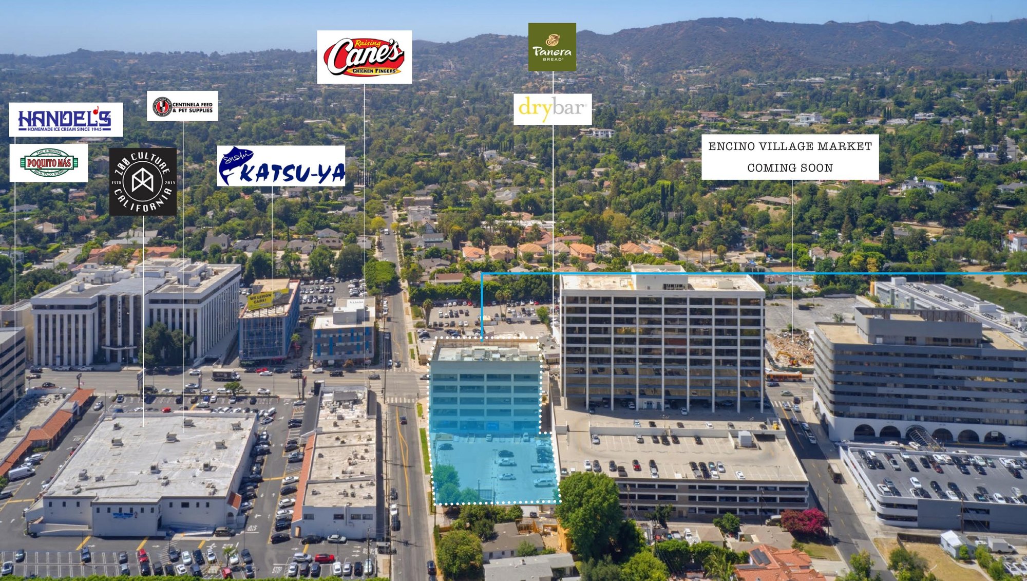 Aerial of 16601 Ventura Blvd with surrounding Encino retail including Katsu-ya, Raising Cane’s, Panera, Drybar, and the coming Encino Village Market