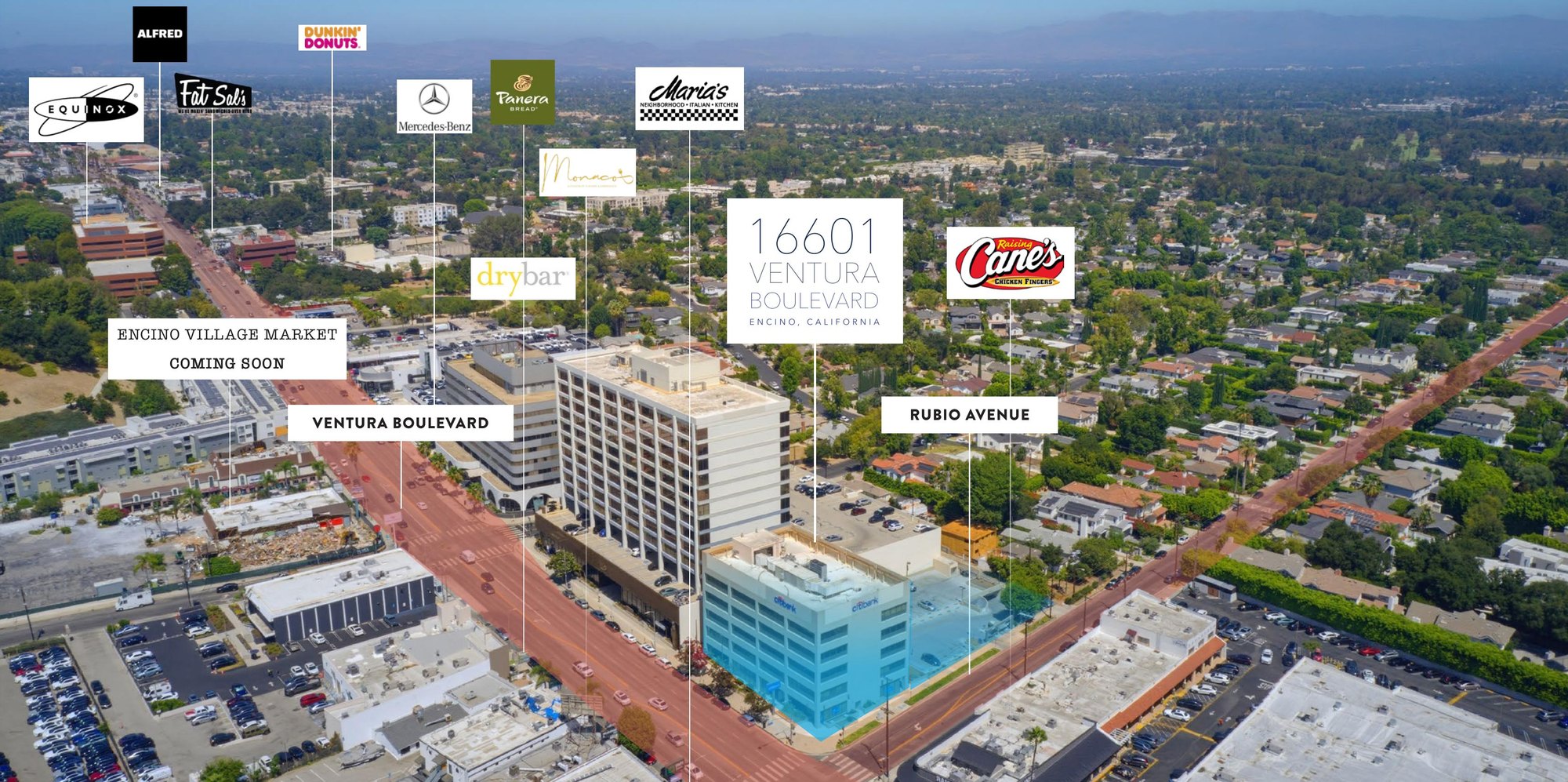 Aerial of the Ventura Boulevard and Rubio Avenue corner with Equinox, Mercedes-Benz, Maria’s, Panera, and Alfred nearby